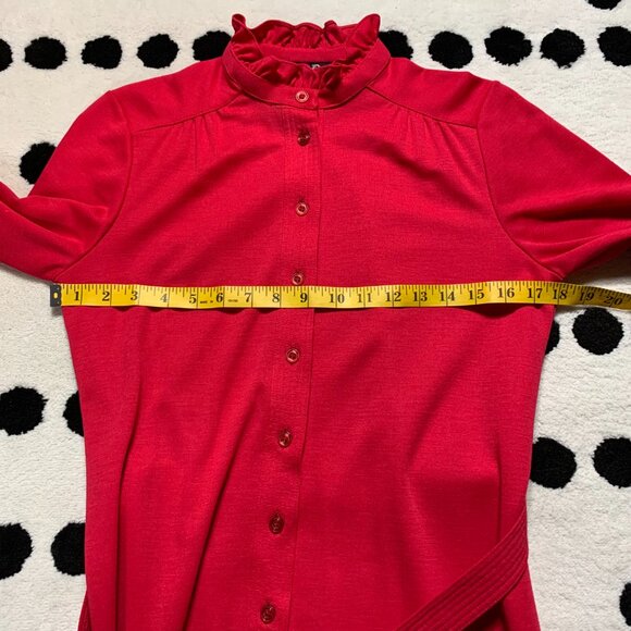 Vintage 70s Button Tie Front  Ruffle Trim Modest 60s Retro Secretary Dress - Picture 11 of 16